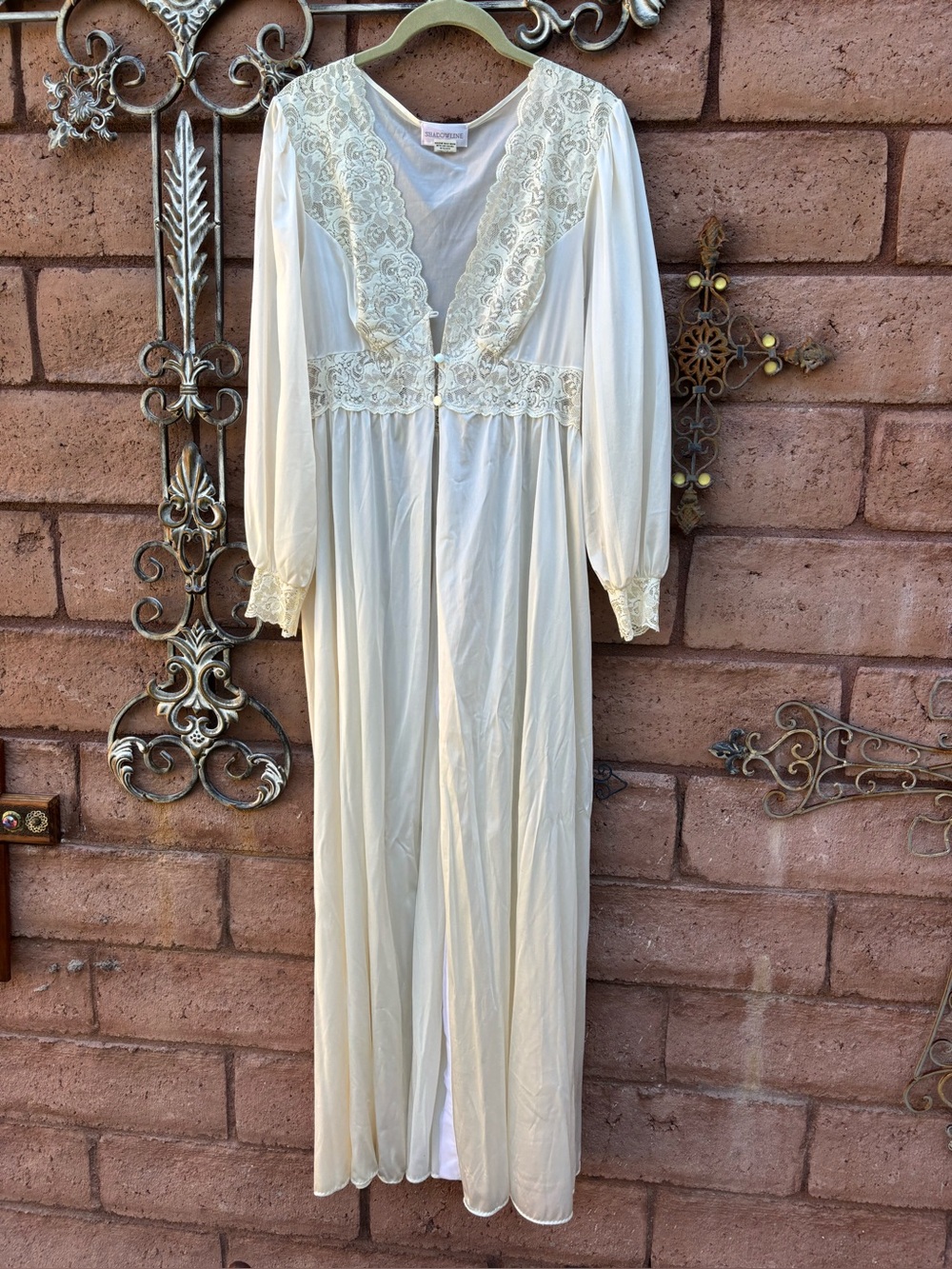 Vintage Shadowline Peignoir Robe Size M Ivory White Lace Bodice Long Sheer Maxi